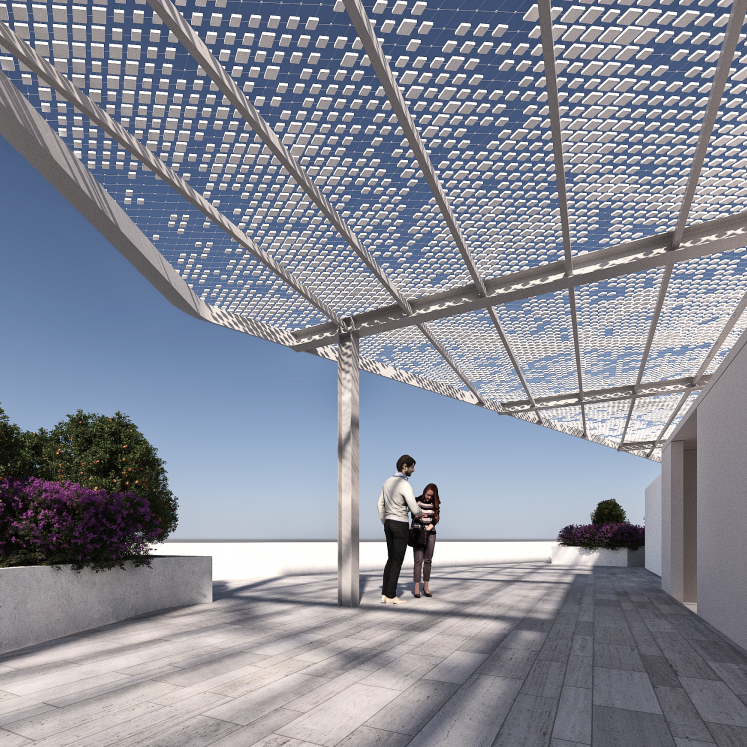 View of a terrace sheltered by a structure incorporating Zephyr mesh